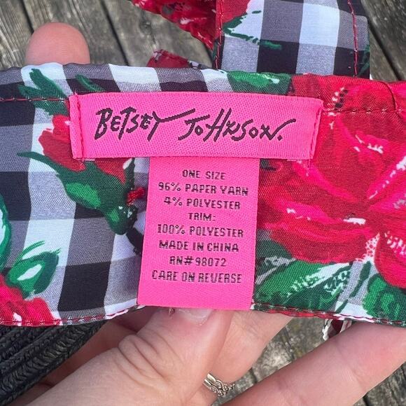Betsey Johnson Gingham Floral Visor Black Brim Adjustable Tie One Size EUC - Picture 7 of 8